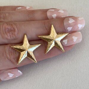 Vintage 14K Yellow Gold Star Earrings Diamond Cut Nautical Celestial Beach Studs